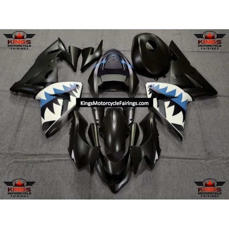 Fairing kit for a Kawasaki ZX10R (2004-2005) Matte Black, Light Blue & White Shark Teeth No Seat Cowl No Bolt Kit No Tank