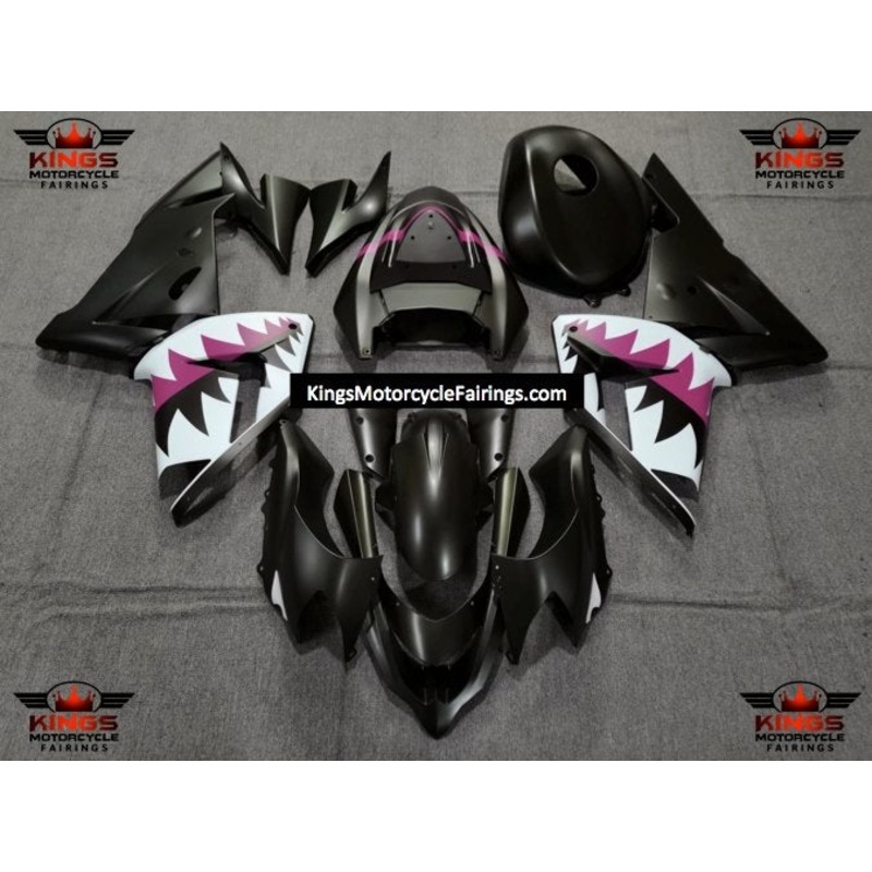 Fairing kit for a Kawasaki ZX10R (2004-2005) Matte Black, Pink & White Shark Teeth No Seat Cowl No Bolt Kit No Tank