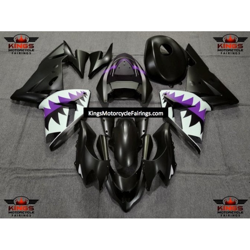 Fairing kit for a Kawasaki ZX10R (2004-2005) Matte Black, Purple & White Shark Teeth No Seat Cowl No Bolt Kit No Tank