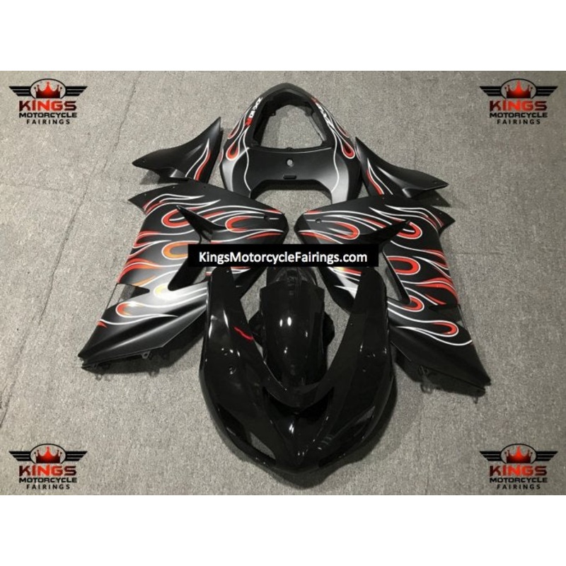 Fairing Kit For A Kawasaki ZX10R (2006-2007) Black, Matte Black, White & Red Flames Clear Windscreen: Free No Seat Cowl No Bolt Kit