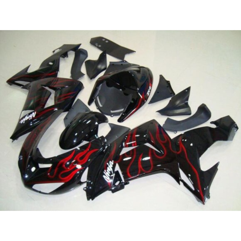 Fairing Kit For A Kawasaki ZX10R (2006-2007) Black & Red Flames Clear Windscreen: Free No Seat Cowl No Bolt Kit