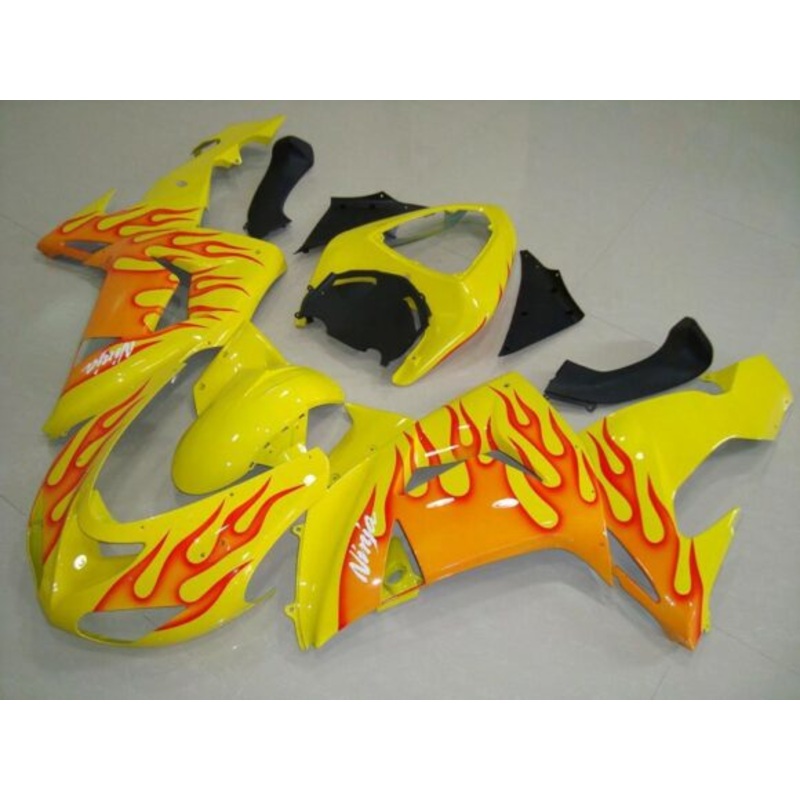 Fairing Kit For A Kawasaki ZX10R (2006-2007) Yellow & Orange Flames Clear Windscreen: Free No Seat Cowl No Bolt Kit