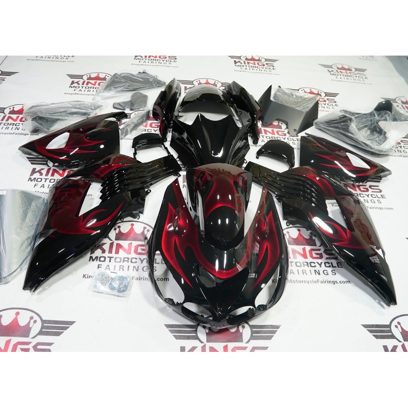 Fairing kit for a Kawasaki Ninja ZX14R (2006-2011) Black, Candy Red Flames Clear Windscreen: Free No Seat Cowl No Bolt Kit