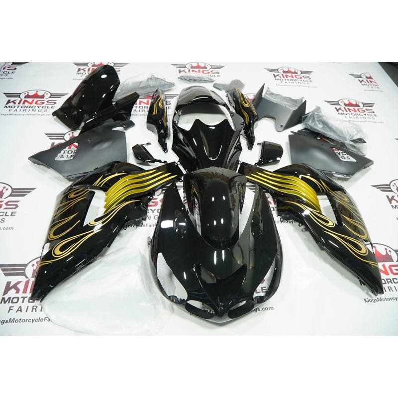 Fairing kit for a Kawasaki Ninja ZX14R (2006-2011) Black & Gold Flames Clear Windscreen: Free No Seat Cowl No Bolt Kit