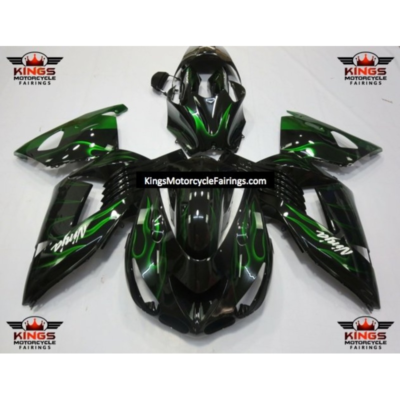 Fairing kit for a Kawasaki Ninja ZX14R (2006-2011) Black & Green Flames Clear Windscreen: Free No Seat Cowl No Bolt Kit
