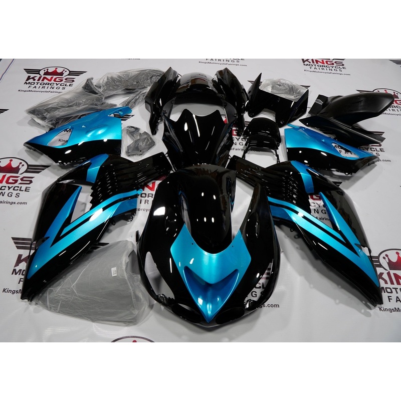 Fairing kit for a Kawasaki Ninja ZX14R (2006-2011) Black & Light Blue Clear Windscreen: Free No Seat Cowl No Bolt Kit