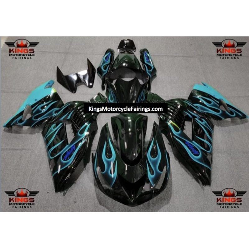Fairing kit for a Kawasaki Ninja ZX14R (2006-2011) Black & Light Blue Flames Clear Windscreen: Free No Seat Cowl No Bolt Kit