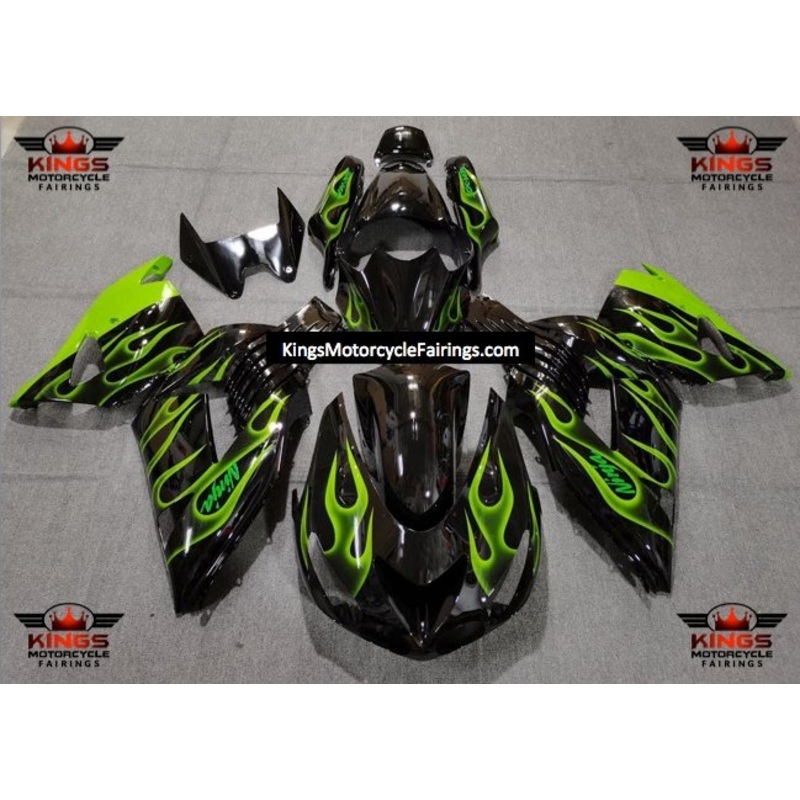 Fairing kit for a Kawasaki Ninja ZX14R (2006-2011) Black & Light Green Flames Clear Windscreen: Free No Seat Cowl No Bolt Kit
