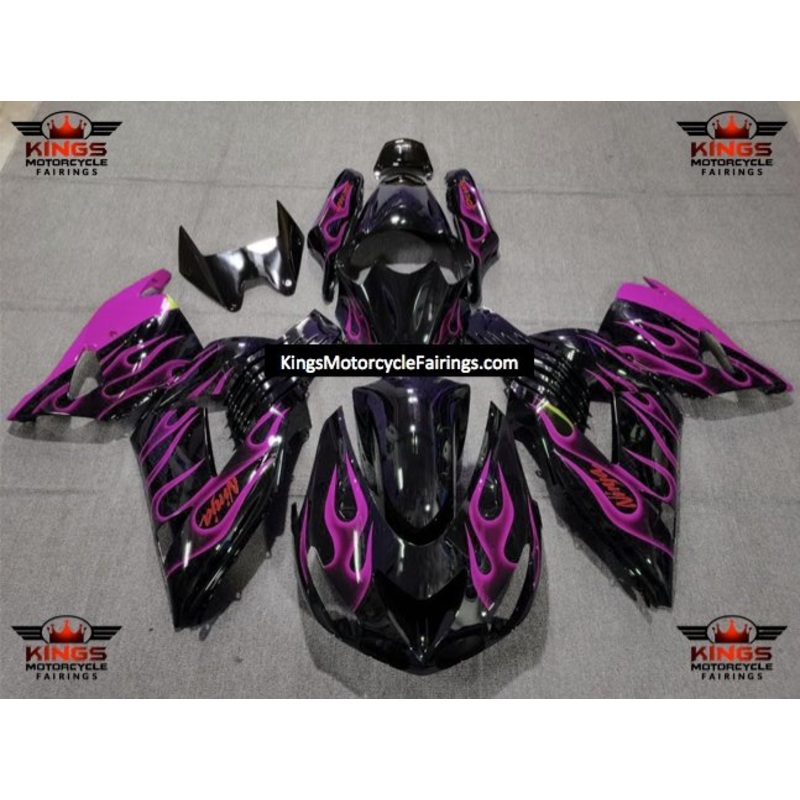 Fairing kit for a Kawasaki Ninja ZX14R (2006-2011) Black & Pink Flames Clear Windscreen: Free No Seat Cowl No Bolt Kit