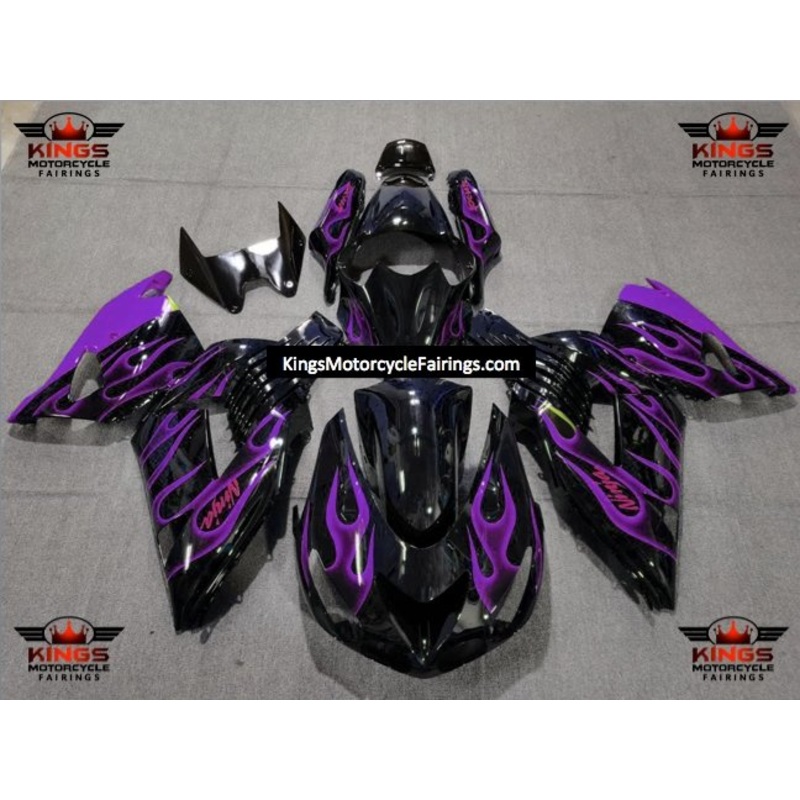 Fairing kit for a Kawasaki Ninja ZX14R (2006-2011) Black & Purple Flames Clear Windscreen: Free No Seat Cowl No Bolt Kit