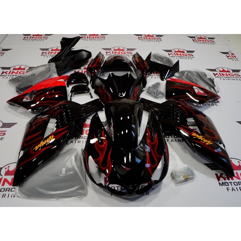 Fairing kit for a Kawasaki Ninja ZX14R (2006-2011) Black & Red Flames Clear Windscreen: Free No Seat Cowl No Bolt Kit