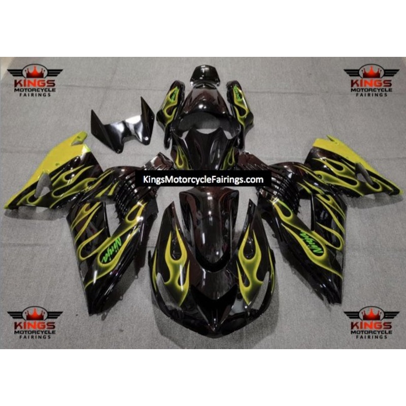 Fairing kit for a Kawasaki Ninja ZX14R (2006-2011) Black & Yellow Flames Clear Windscreen: Free No Seat Cowl No Bolt Kit