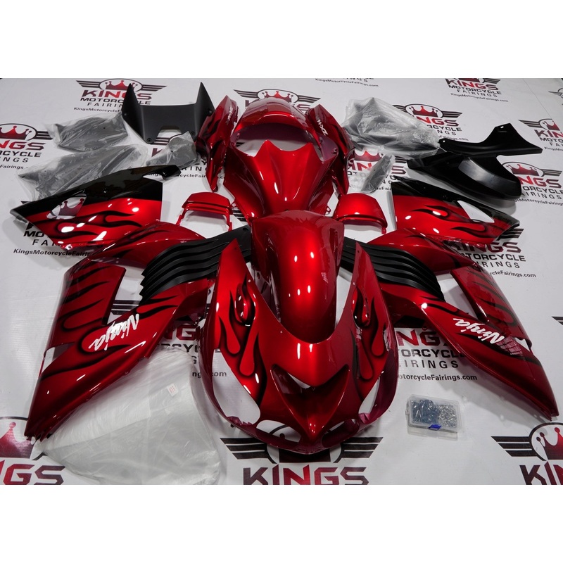 Fairing kit for a Kawasaki Ninja ZX14R (2006-2011) Candy Red & Black Flames Clear Windscreen: Free No Seat Cowl No Bolt Kit