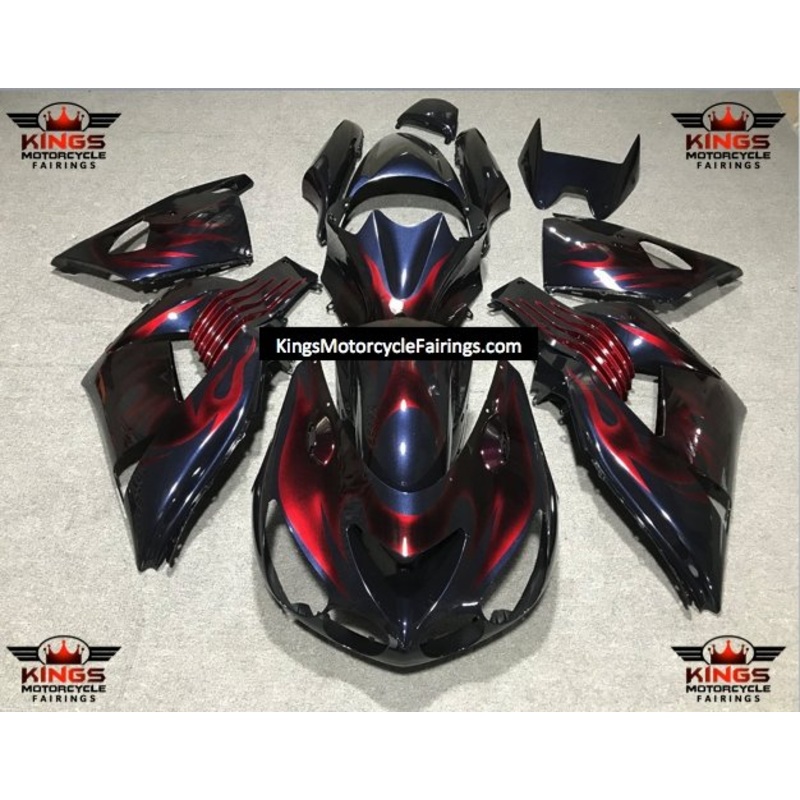 Fairing kit for a Kawasaki Ninja ZX14R (2006-2011) Dark Blue & Red Flames Clear Windscreen: Free No Seat Cowl No Bolt Kit