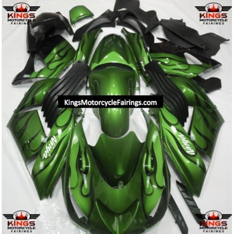 Fairing kit for a Kawasaki Ninja ZX14R (2006-2011) Green & Black Flames Clear Windscreen: Free No Seat Cowl No Bolt Kit