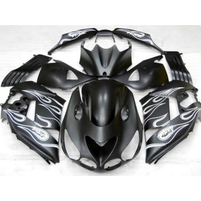 Fairing kit for a Kawasaki Ninja ZX14R (2006-2011) Matte Black & Matte White Flames Clear Windscreen: Free No Seat Cowl No Bolt Kit