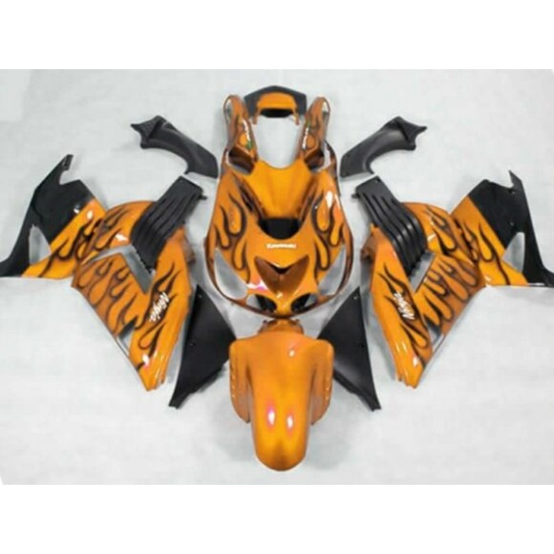 Fairing kit for a Kawasaki Ninja ZX14R (2006-2011) Orange & Black Flames Clear Windscreen: Free No Seat Cowl No Bolt Kit