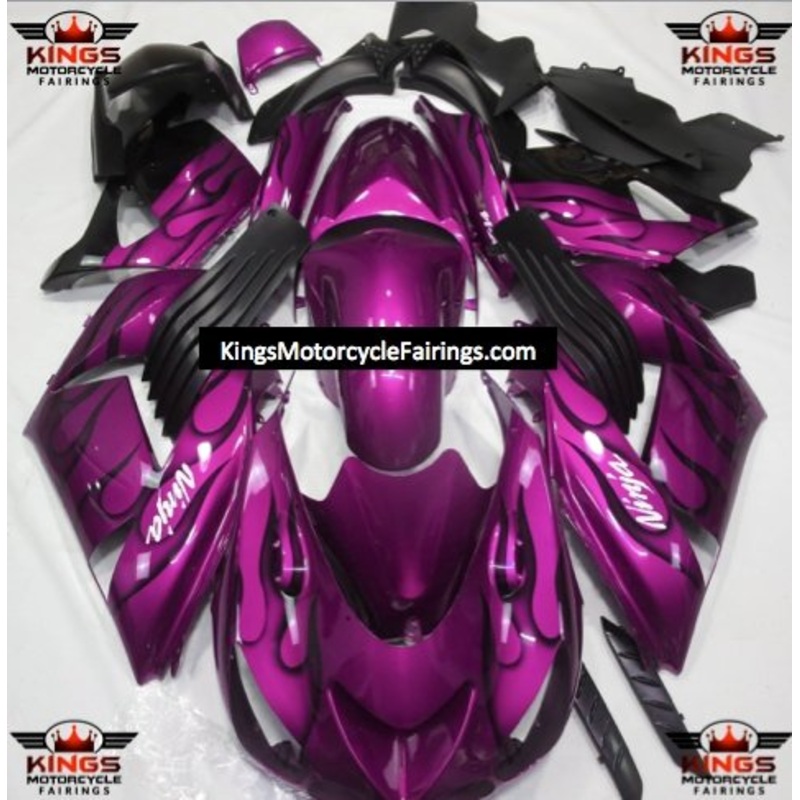 Fairing kit for a Kawasaki Ninja ZX14R (2006-2011) Pink & Black Flames Clear Windscreen: Free No Seat Cowl No Bolt Kit