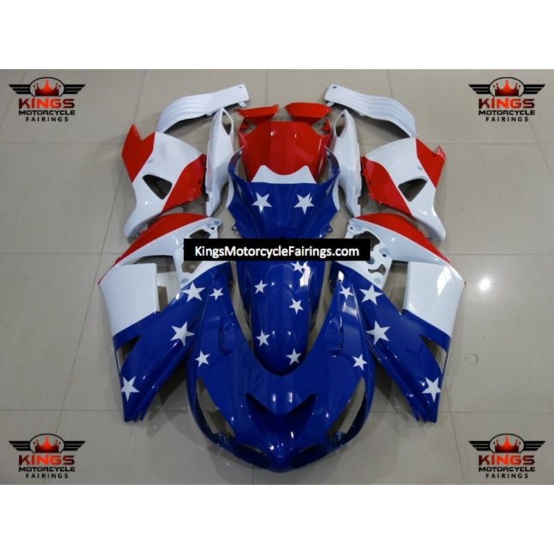 Fairing kit for a Kawasaki Ninja ZX14R (2006-2011) Red, White & Blue American Flag Clear Windscreen: Free No Seat Cowl No Bolt Kit