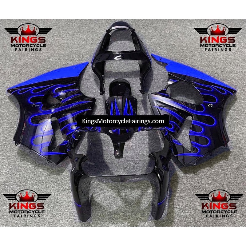 Fairing kit for a Kawasaki ZX6R 636 (2000-2002) Black & Blue Flames Clear Windscreen: Free No Seat Cowl No Bolt Kit