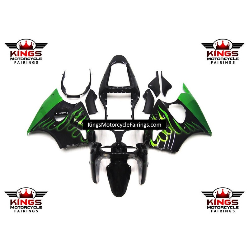 Fairing kit for a Kawasaki ZX6R 636 (2000-2002) Black & Green Flames Clear Windscreen: Free No Seat Cowl No Bolt Kit