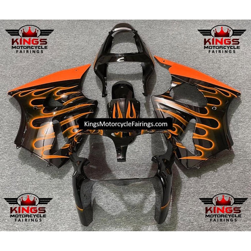 Fairing kit for a Kawasaki ZX6R 636 (2000-2002) Black & Orange Flames Clear Windscreen: Free No Seat Cowl No Bolt Kit