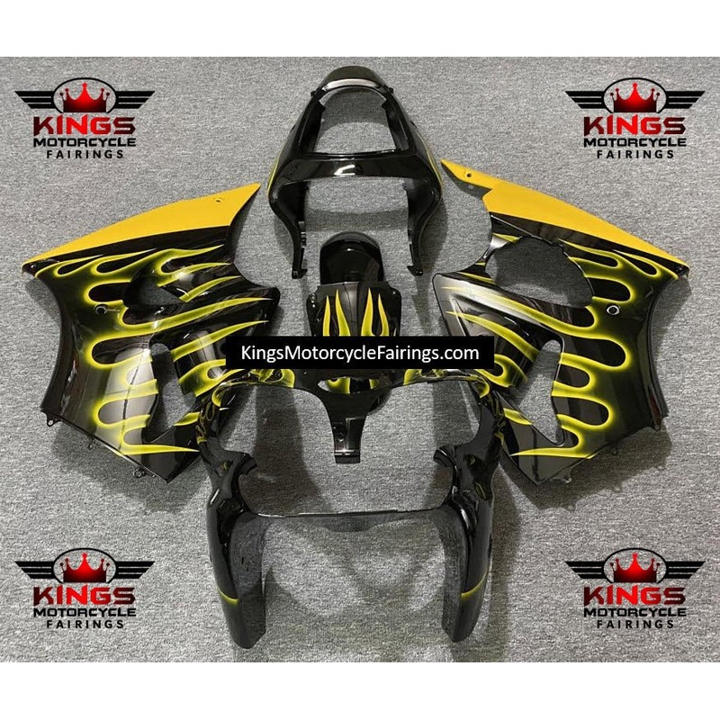 Fairing kit for a Kawasaki ZX6R 636 (2000-2002) Black, Yellow Flames Clear Windscreen: Free No Seat Cowl No Bolt Kit
