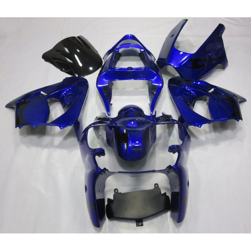 Fairing kit for a Kawasaki ZX6R 636 (2000-2002) Blue, Black Tribal Clear Windscreen: Free No Seat Cowl No Bolt Kit