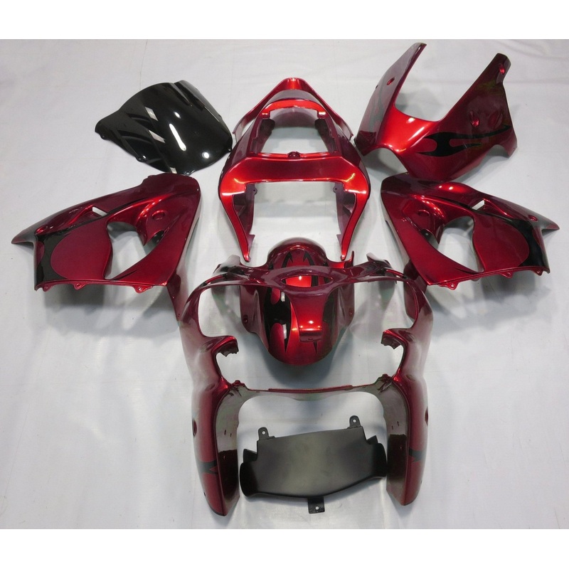 Fairing kit for a Kawasaki ZX6R 636 (2000-2002) Candy Red, Black Tribal Clear Windscreen: Free No Seat Cowl No Bolt Kit