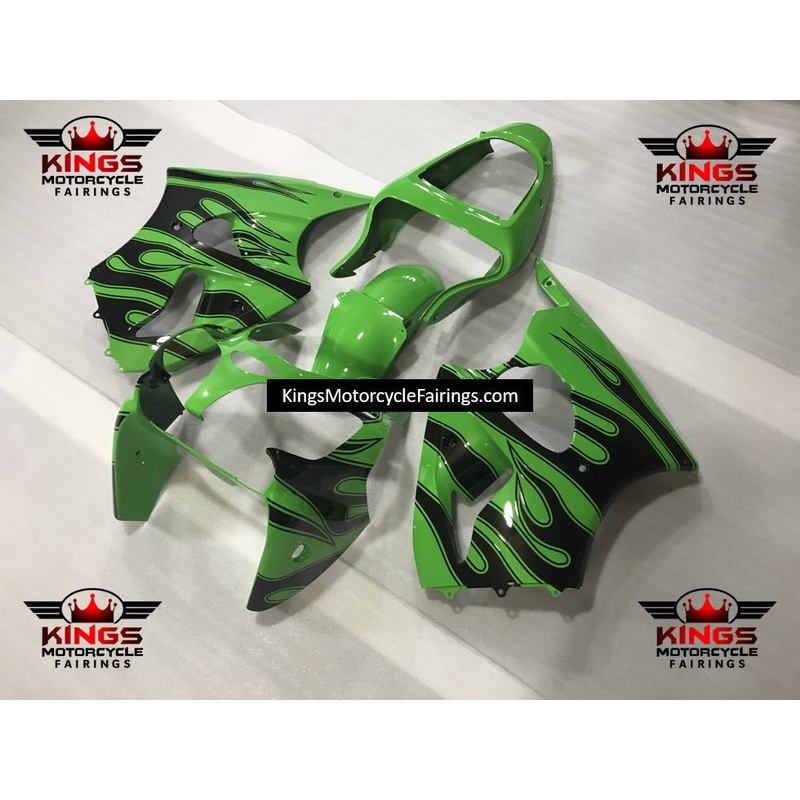Fairing kit for a Kawasaki ZX6R 636 (2000-2002) Green, Black Flames Clear Windscreen: Free No Seat Cowl No Bolt Kit