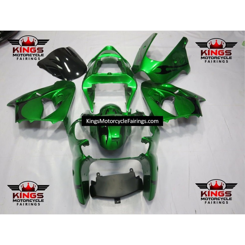 Fairing kit for a Kawasaki ZX6R 636 (2000-2002) Green & Black Tribal Clear Windscreen: Free No Seat Cowl No Bolt Kit