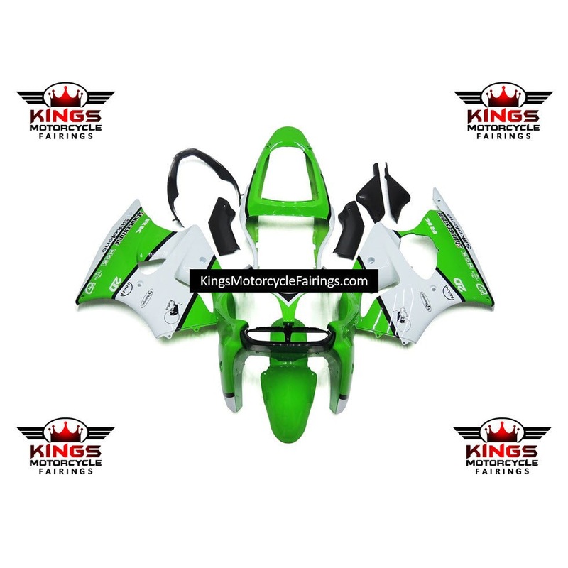 Fairing kit for a Kawasaki ZX6R 636 (2000-2002) Green, White & Black Clear Windscreen: Free No Seat Cowl No Bolt Kit