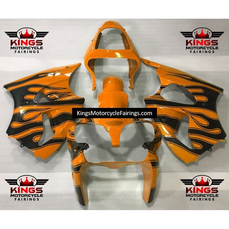Fairing kit for a Kawasaki ZX6R 636 (2000-2002) Orange & Black Flames Clear Windscreen: Free No Seat Cowl No Bolt Kit