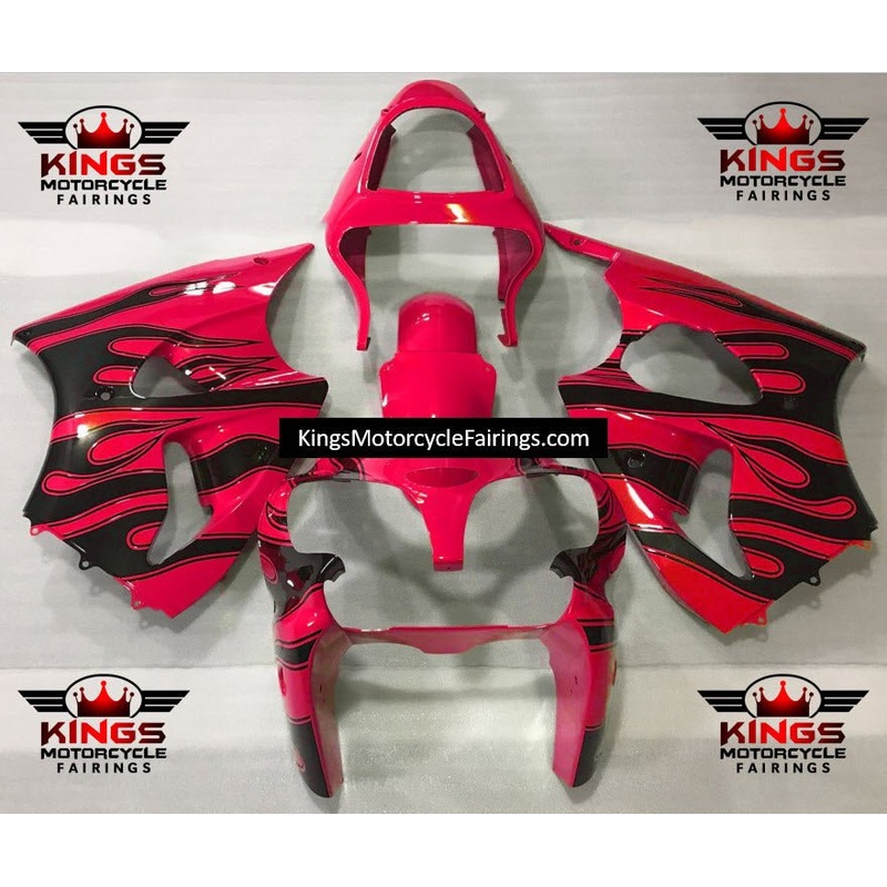 Fairing kit for a Kawasaki ZX6R 636 (2000-2002) Red and Black Flames Clear Windscreen: Free No Seat Cowl No Bolt Kit