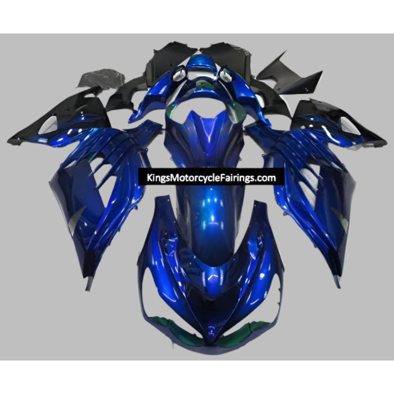 Fairings for Kawasaki Ninja ZX14R (2012-2024) Blue, Black Flames Clear Windscreen: Free No Seat Cowl No Bolt Kit