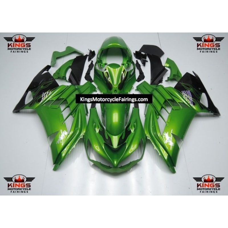 Fairings for Kawasaki Ninja ZX14R (2012-2024) Green, Black Flames Clear Windscreen: Free No Seat Cowl No Bolt Kit