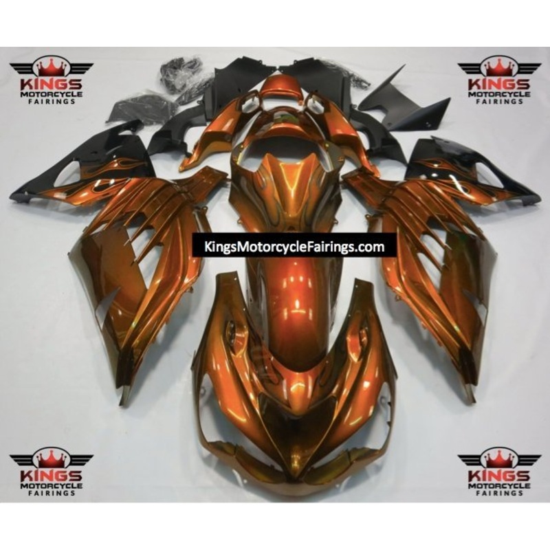 Fairings for Kawasaki Ninja ZX14R (2012-2024) Orange, Black Flames Clear Windscreen: Free No Seat Cowl No Bolt Kit