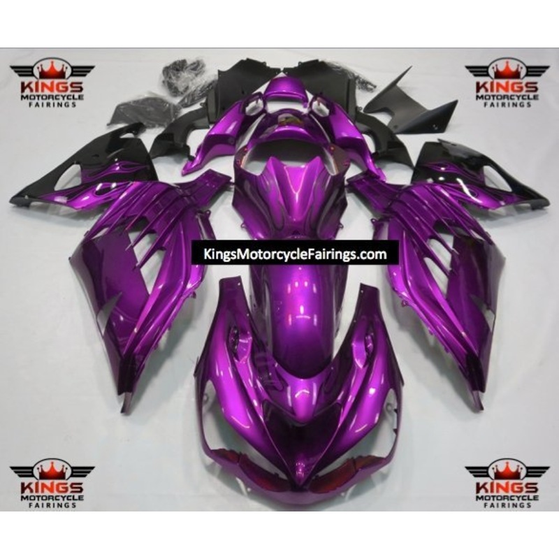 Fairings for Kawasaki Ninja ZX14R (2012-2024) Purple, Black Flames Clear Windscreen: Free No Seat Cowl No Bolt Kit