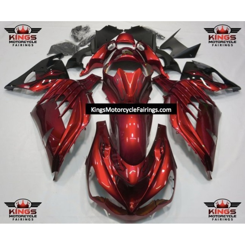 Fairings for Kawasaki Ninja ZX14R (2012-2024) Red, Black Flames Clear Windscreen: Free No Seat Cowl No Bolt Kit