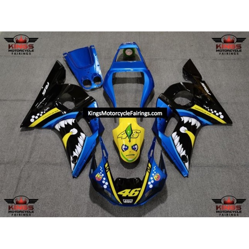 Yamaha YZF-R6 (1998-2002) Blue, Black, Yellow & White Shark Teeth Fairings Clear Windscreen: Free No Bolt Kit