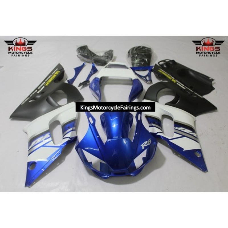 Yamaha YZF-R6 (1998-2002) Blue, White & Matte Black Fairings Clear Windscreen: Free No Bolt Kit