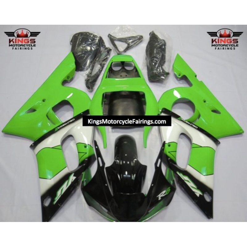 Yamaha YZF-R6 (1998-2002) Green, Black & White Fairings Clear Windscreen: Free No Bolt Kit