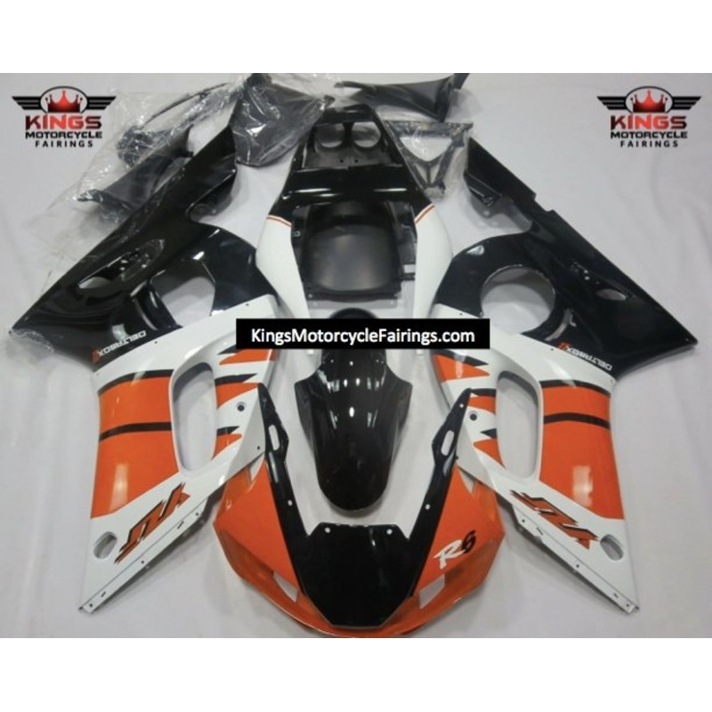 Yamaha YZF-R6 (1998-2002) Orange, White & Black Fairings Clear Windscreen: Free No Bolt Kit