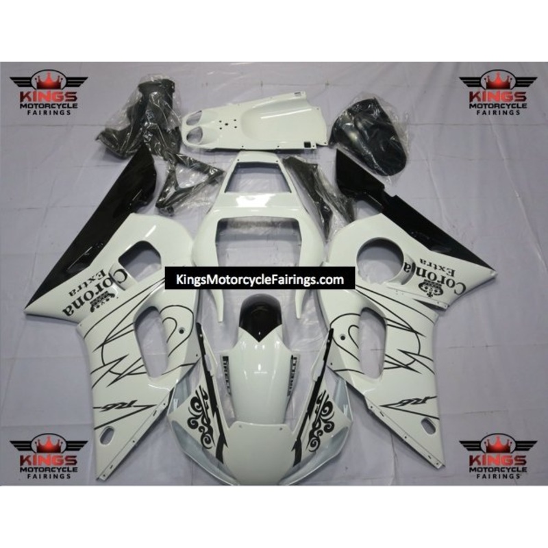 Yamaha YZF-R6 (1998-2002) White & Black Tribal Corona Fairings Clear Windscreen: Free No Bolt Kit