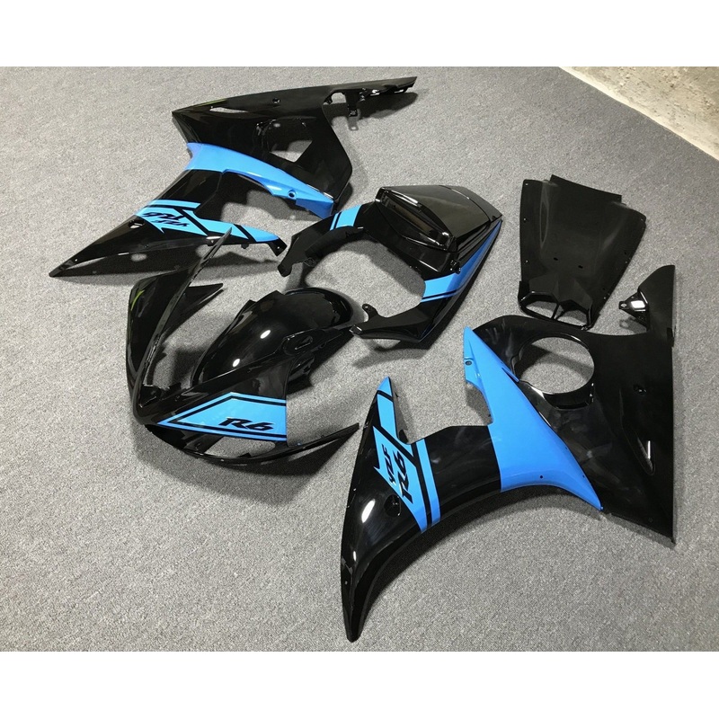 Yamaha YZF-R6 (2003-2004) Black, Light Blue Fairings Clear Windscreen: Free No Seat Cowl No Bolt Kit