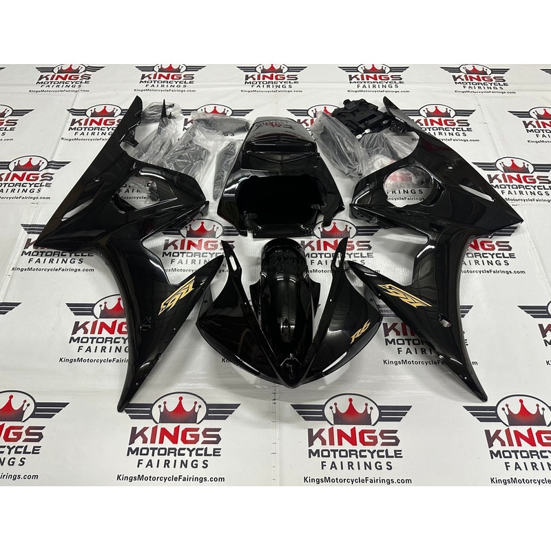 Yamaha YZF-R6 (2003-2004) Matte Black, Gloss Black, Gold Fairings Clear Windscreen: Free No Seat Cowl No Bolt Kit