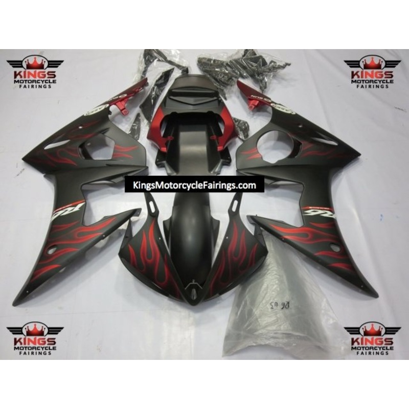 Yamaha YZF-R6 (2003-2004) Matte Black & Matte Red Flame Fairings Clear Windscreen: Free No Seat Cowl No Bolt Kit