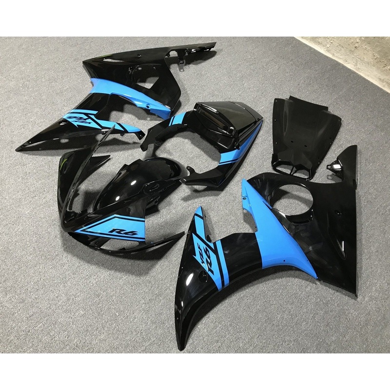 Yamaha YZF-R6 (2005) Black, Light Blue Fairings Clear Windscreen: Free No Seat Cowl No Bolt Kit