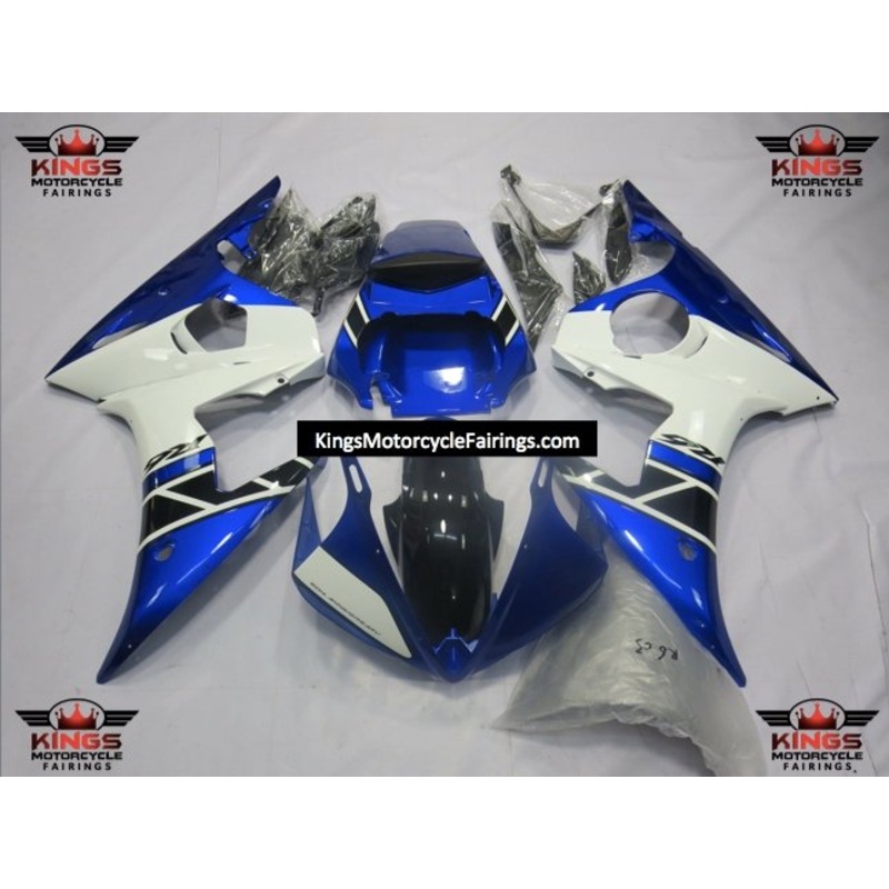 Yamaha YZF-R6 (2005) Blue, White & Black Fairings Clear Windscreen: Free No Seat Cowl No Bolt Kit