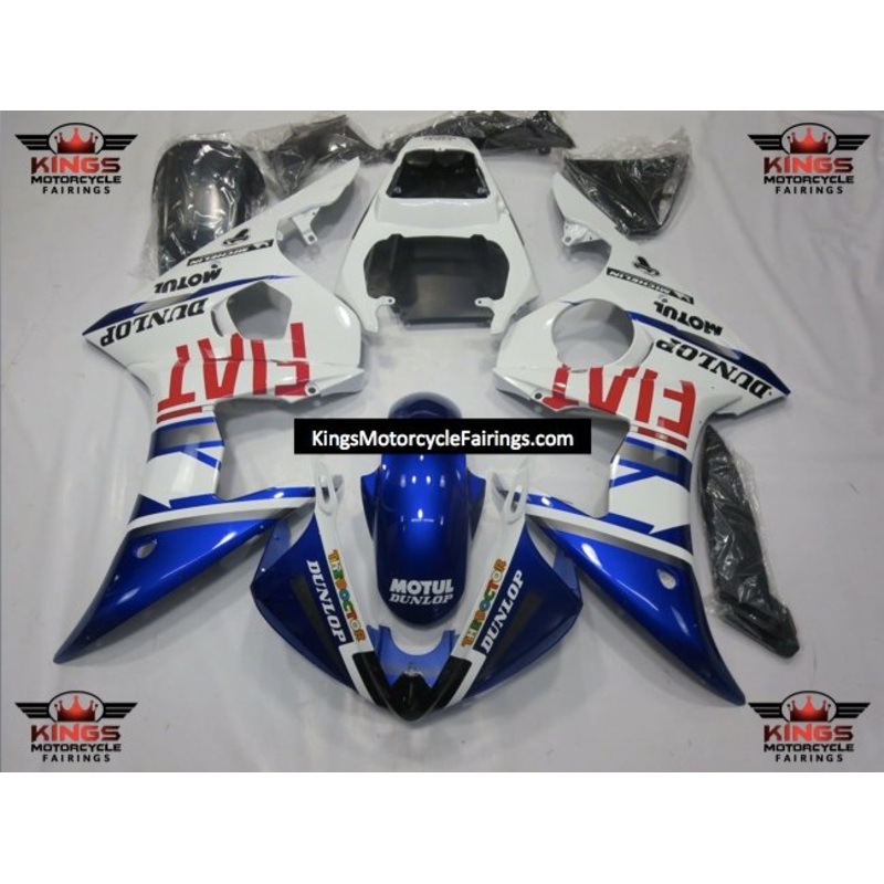 Yamaha YZF-R6 (2005) Blue, White & Red Fiat Fairings Clear Windscreen: Free No Seat Cowl No Bolt Kit